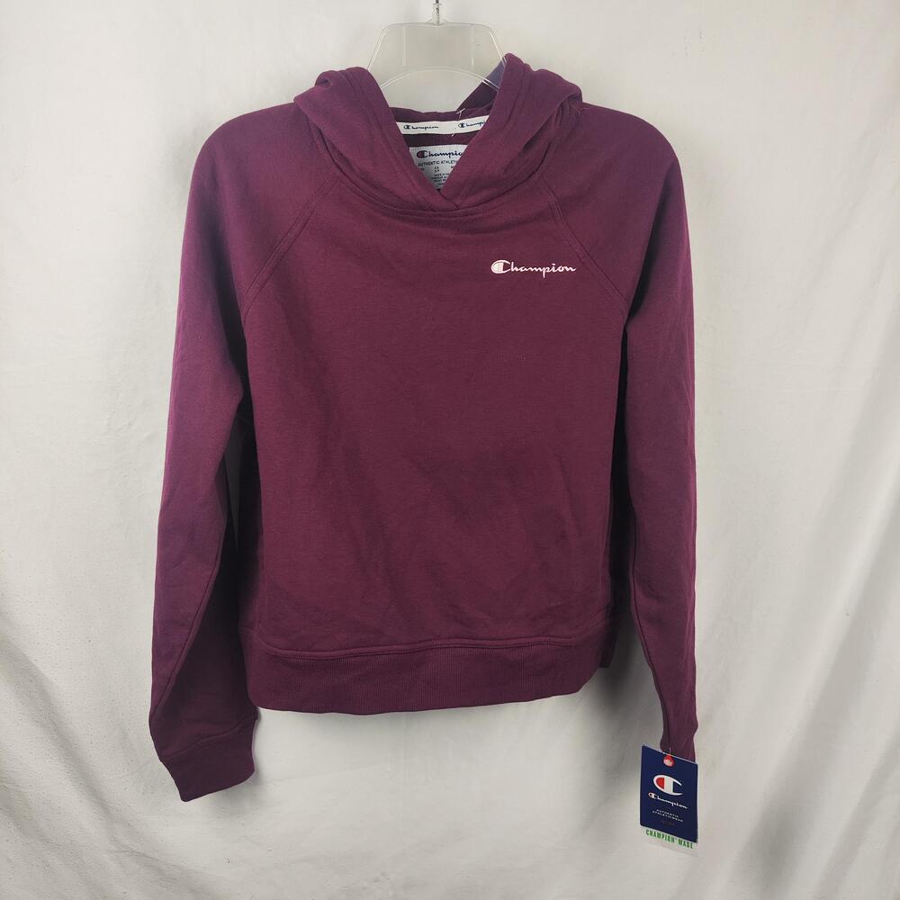 Champion Hoodie Womens Small Purple Fleece Pullover V Neck Pockets Logo